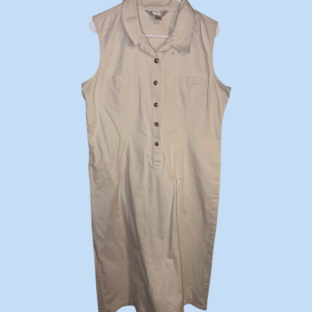 Annex Womens Size 16 Khaki Beige Sleeveless Button Front Denim Midi Dress Pocket